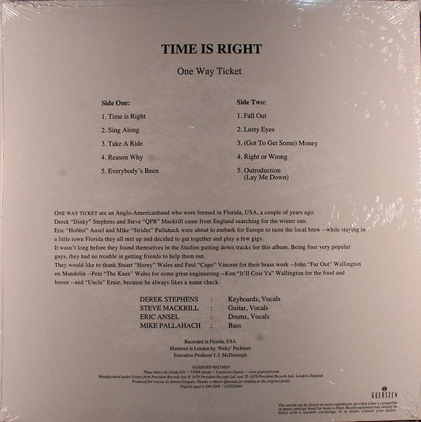 One Way Ticket : Time Is Right (LP, Album, RE, RM)