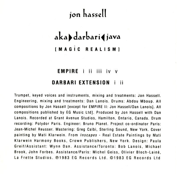 Jon Hassell : Aka / Darbari / Java - Magic Realism (CD, Album)