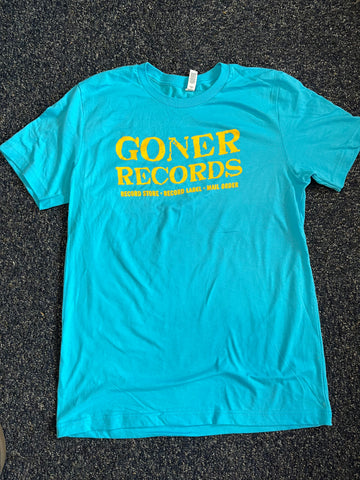 Goner "Store-Label-Mail Order" T-Shirt - Gold On Aqua Blue